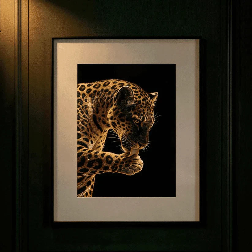 Luxury digital art frame without blue light showing a dramatic leopard portrait in a dark green wall setting, zero eye strain display