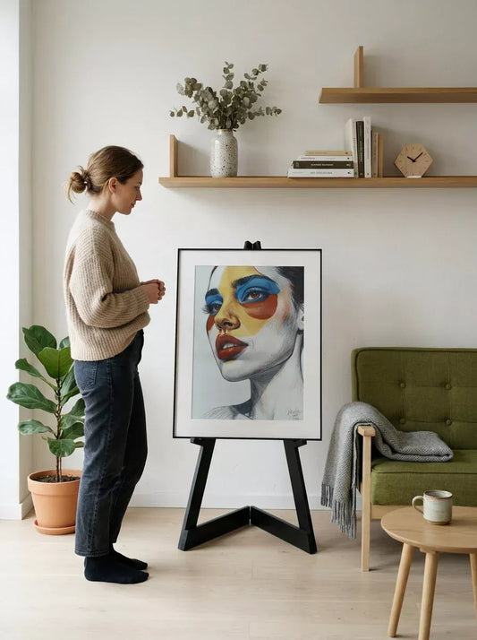 Spectra 6 E-Ink art frame showcasing a colorful portrait painting in a cozy modern living room