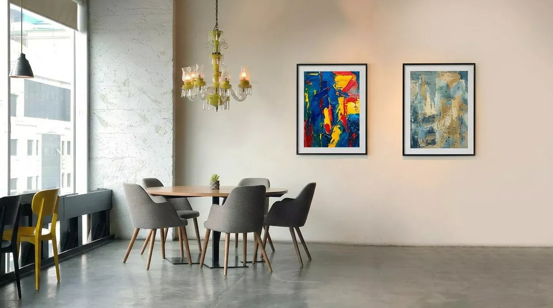 E-ink frame battery life demo in a modern dining room, abstract art digital display with long-lasting low-power technology