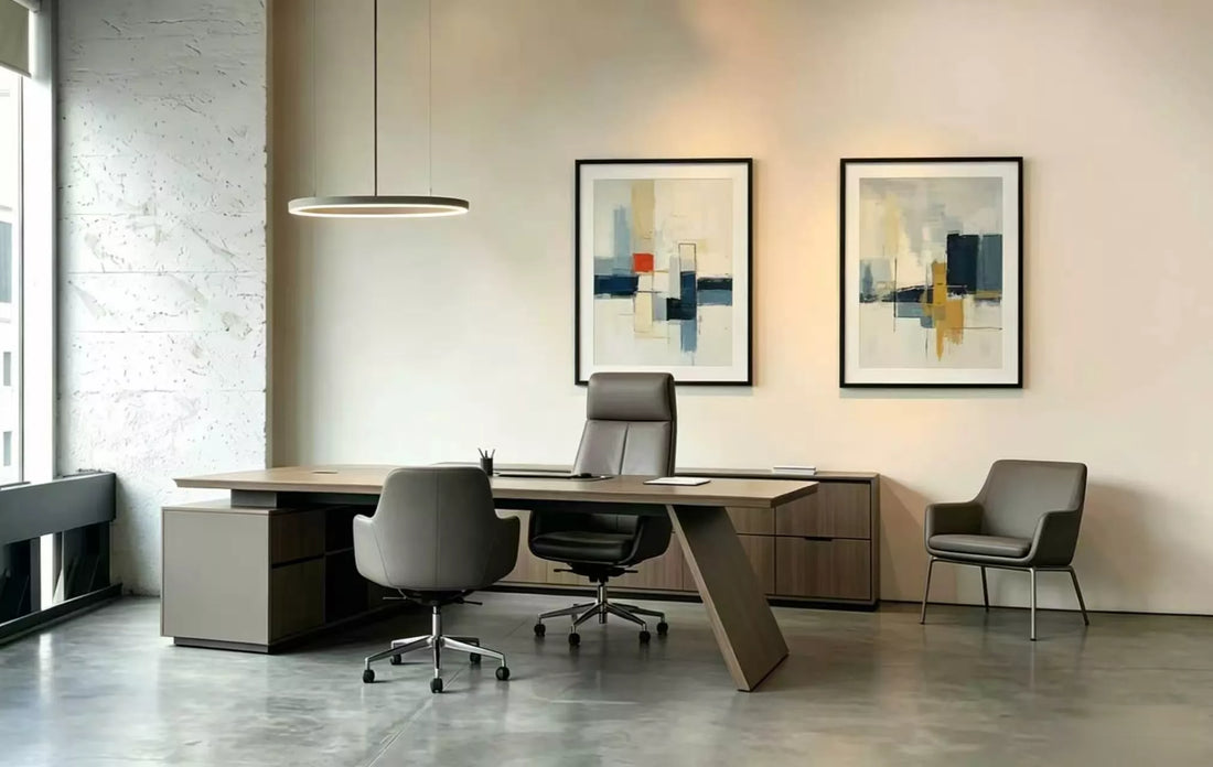 office wall decor ideas: modern abstract art prints in a neutral-toned executive office