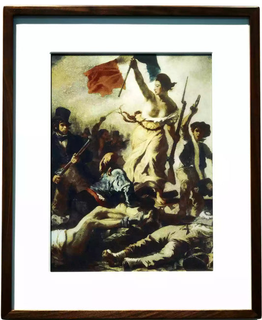 paper-like display screen showing the famous Liberty Leading the People painting in a wooden frame