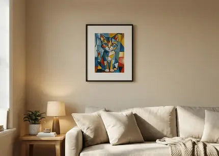 Colorful cubist cat framed print, modern digital wall decor for apartments above beige sofa