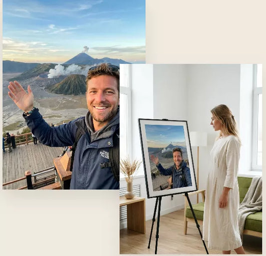 How to share art frame with family, woman viewing digital art frame displaying loved one's travel volcano photo at home