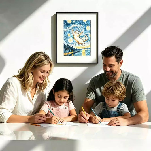 Family doing parent-child art activities at home, happy parents and kids drawing together with Starry Night cat art on the wall.