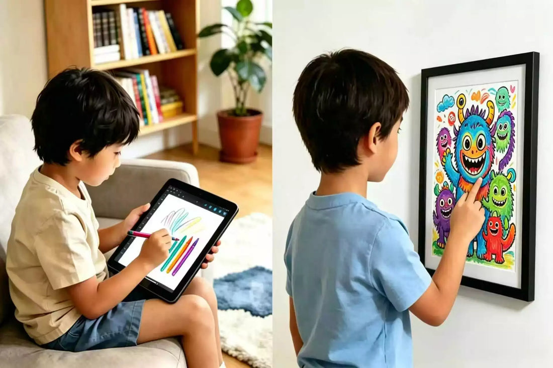 Young boy creating art digitally and engaging with his colorful framed drawing - Kids Art Developmental Milestones
