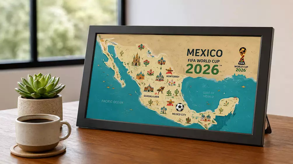 A close-up of a sleek, modern digital art frame on a wooden table