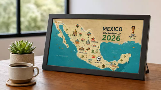 A close-up of a sleek, modern digital art frame on a wooden table