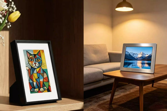 AI art frame vs digital photo frame side by side display, abstract cat painting vs mountain landscape photo