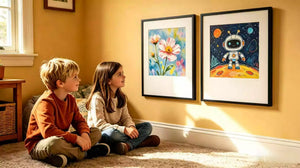 Two young children sitting on a carpet, admiring framed artwork (a watercolor flower and a cartoon space robot) in a sunlit playroom, illustrating how to document children's creative development through displaying and preserving kids' art.