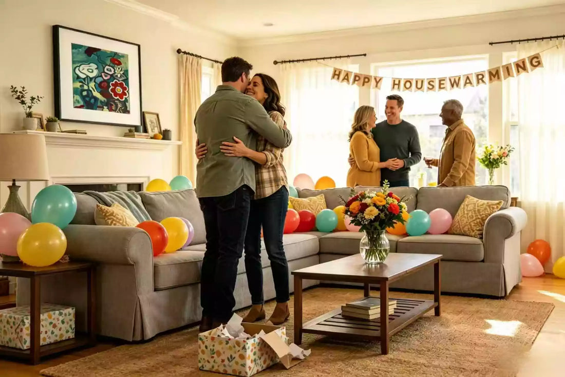 AI art frame for housewarming gift - A couple celebrating their new home with friends, the AI art frame adds a warm, personal touch to their cozy living room party