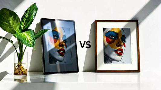 E Ink vs LCD display technology comparison, showing how the same colorful portrait artwork looks on a framed E Ink print versus a backlit LCD screen