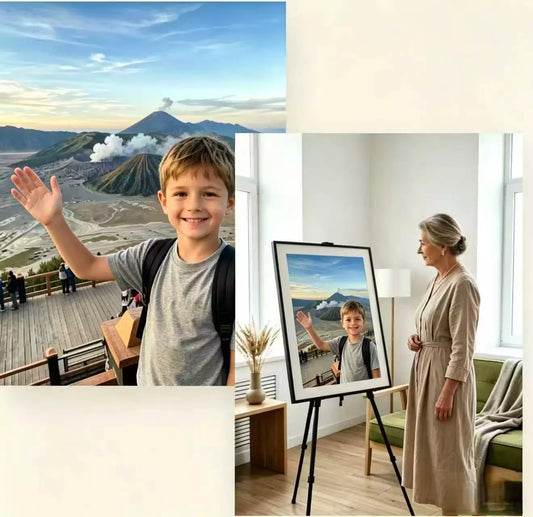Digital Photo Frame for Grandparents showing a child's travel photo