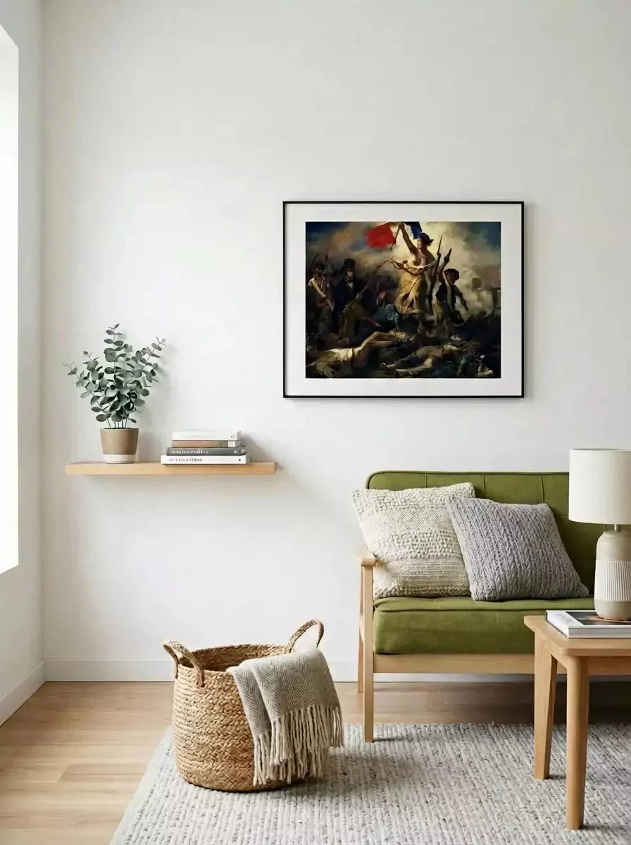 Black frame for AI generated art, classic Liberty Leading the People painting print in minimalist living room