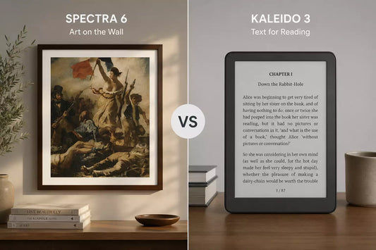 Spectra 6 vs Kaleido 3 e-ink display comparison: art on wall vs text reading
