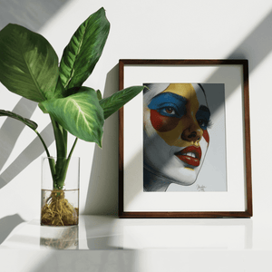 Kokonna 13.3 inch wireless E-ink art frame in solid black walnut front view displaying colorful AI generated abstract art