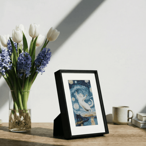 Modern living room decor featuring glare-free Kokonna E-ink digital picture frame hanging on wall without visible cables or wires