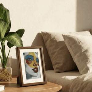 Modern living room decor featuring glare-free Kokonna E-ink digital picture frame hanging on wall without visible cables or wires